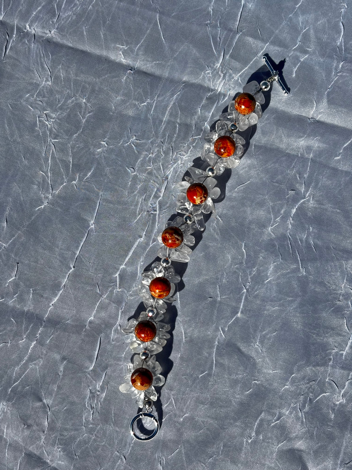Handmade Clear Quartz & Orange-Toned Jasper Beaded Bracelet