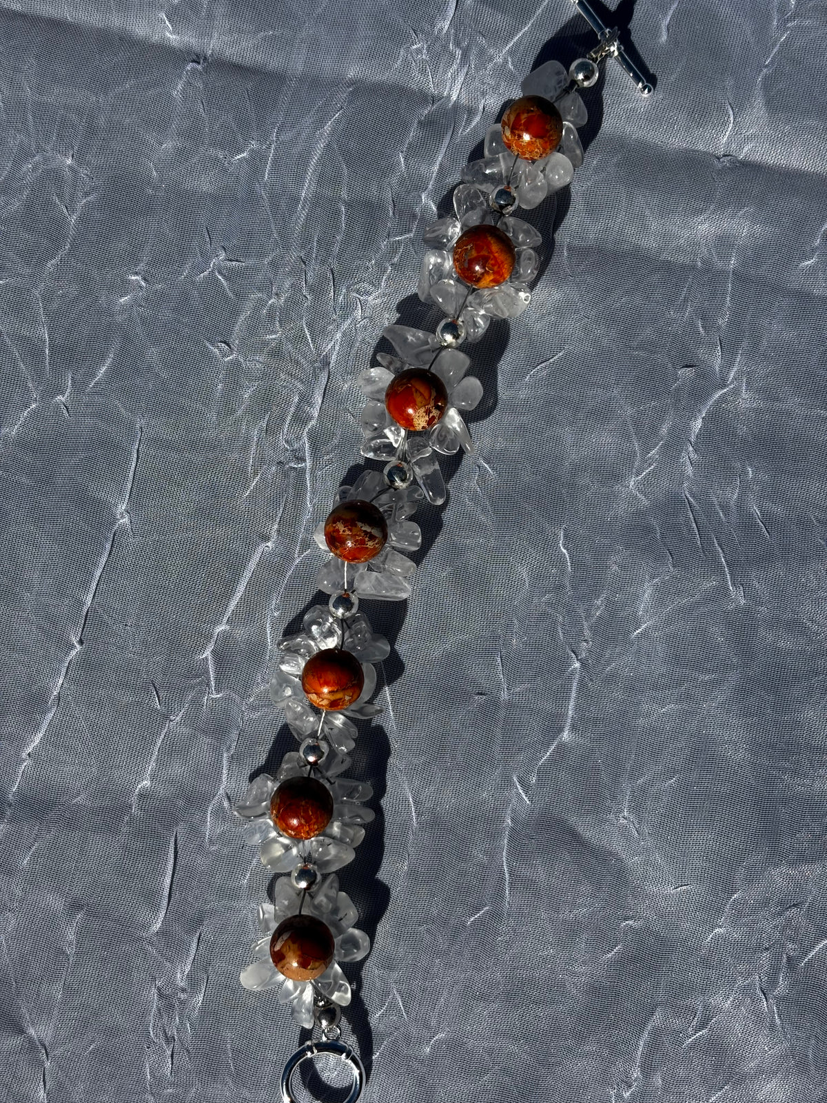Handmade Clear Quartz & Orange-Toned Jasper Beaded Bracelet