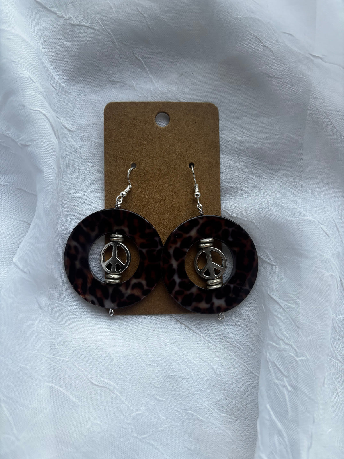Wild Child | Handmade Cheetah Print Shell Peace Sign Earrings
