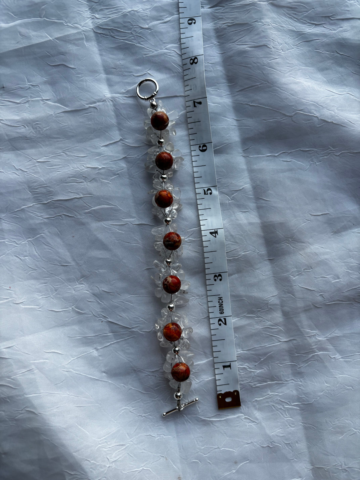 Handmade Clear Quartz & Orange-Toned Jasper Beaded Bracelet