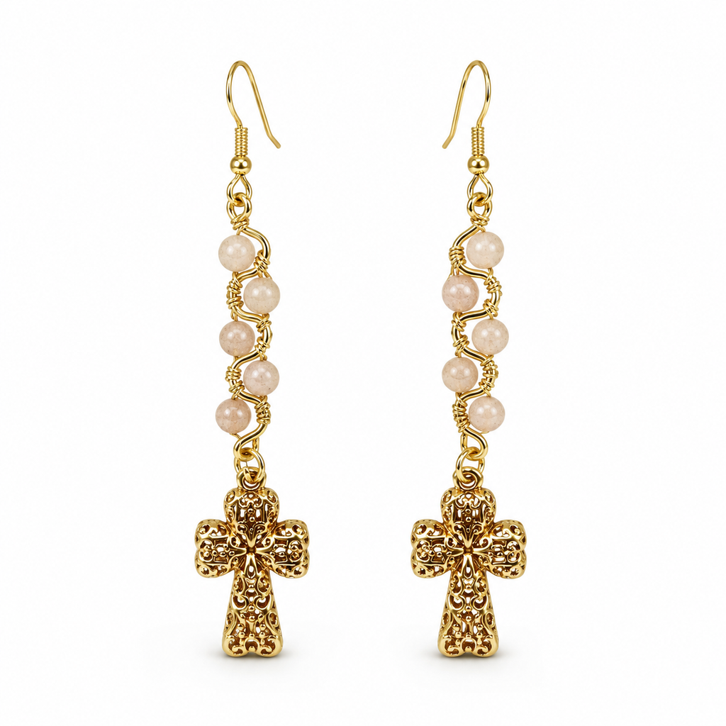 Handmade Gold Sunstone Cross Earrings