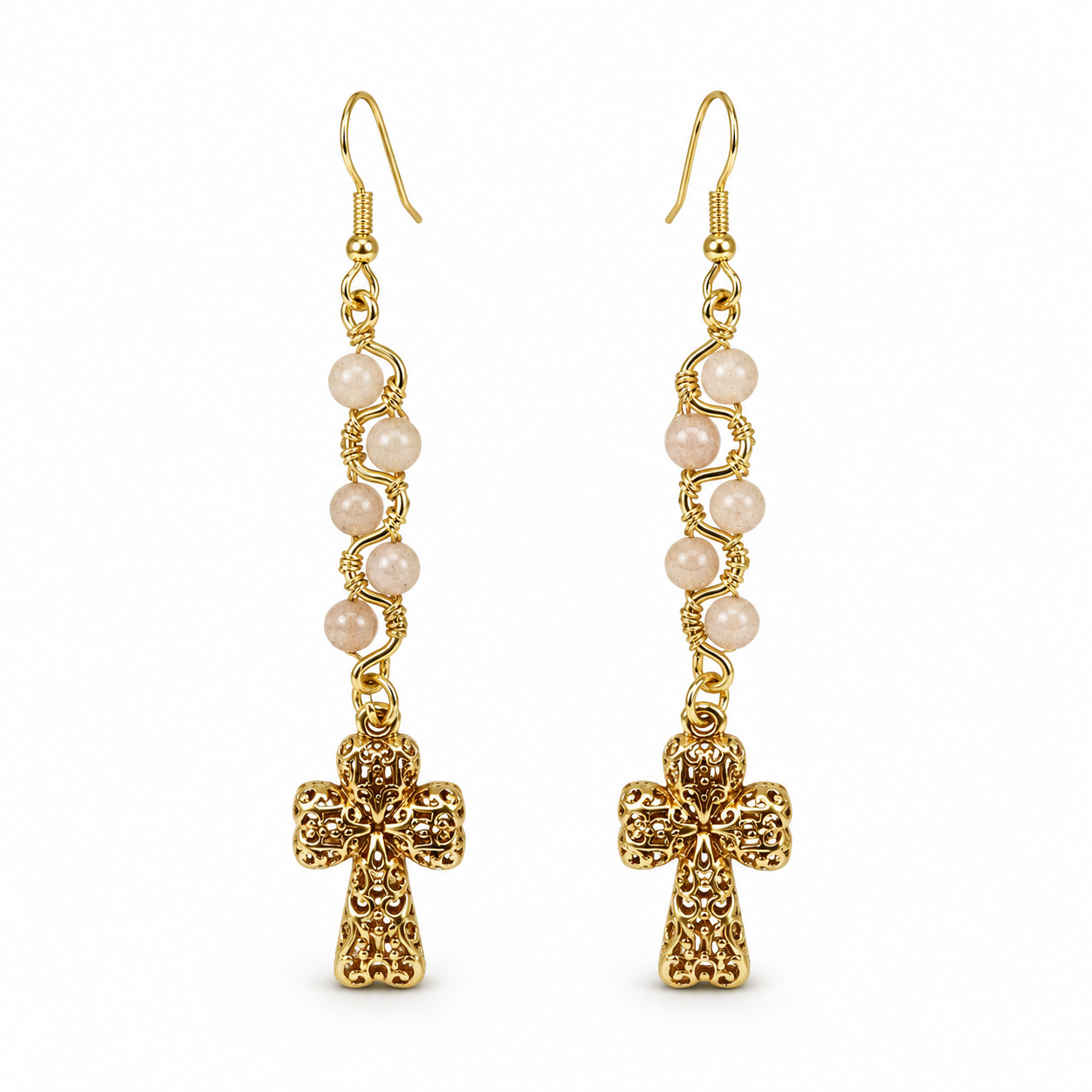 Handmade Gold Sunstone Cross Earrings