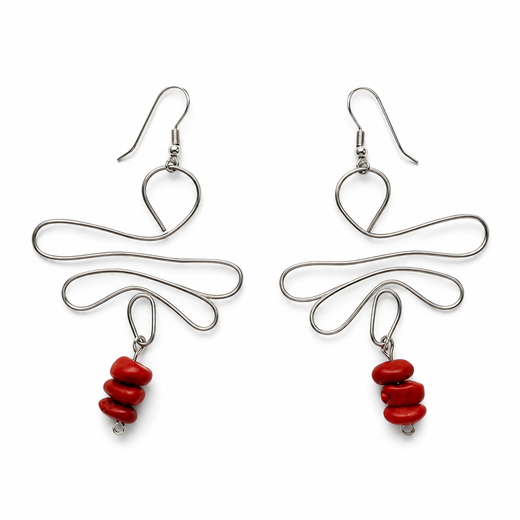 Handmade Silver Dragonfly Earrings With Red Bamboo Coral