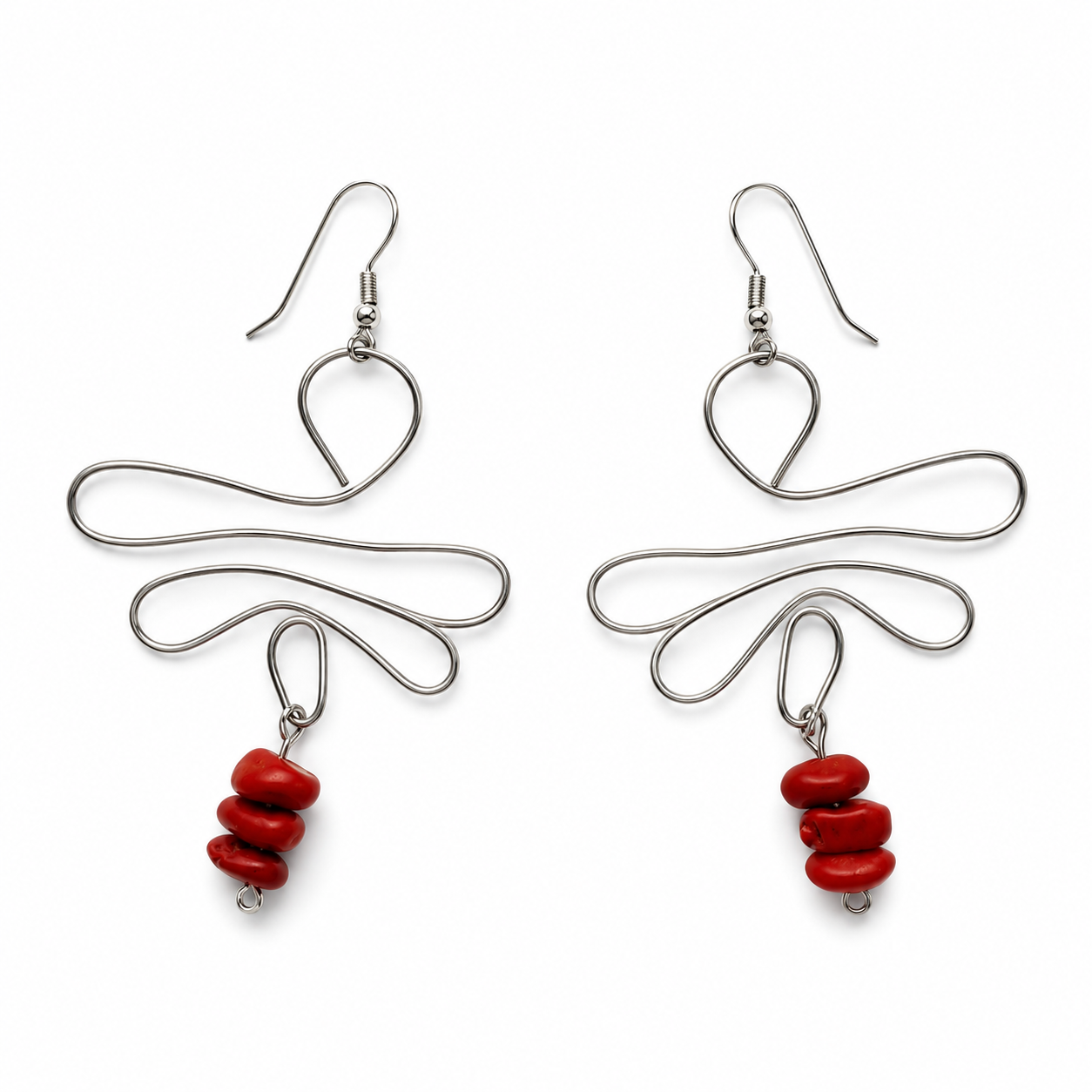 Handmade Silver Dragonfly Earrings With Red Bamboo Coral