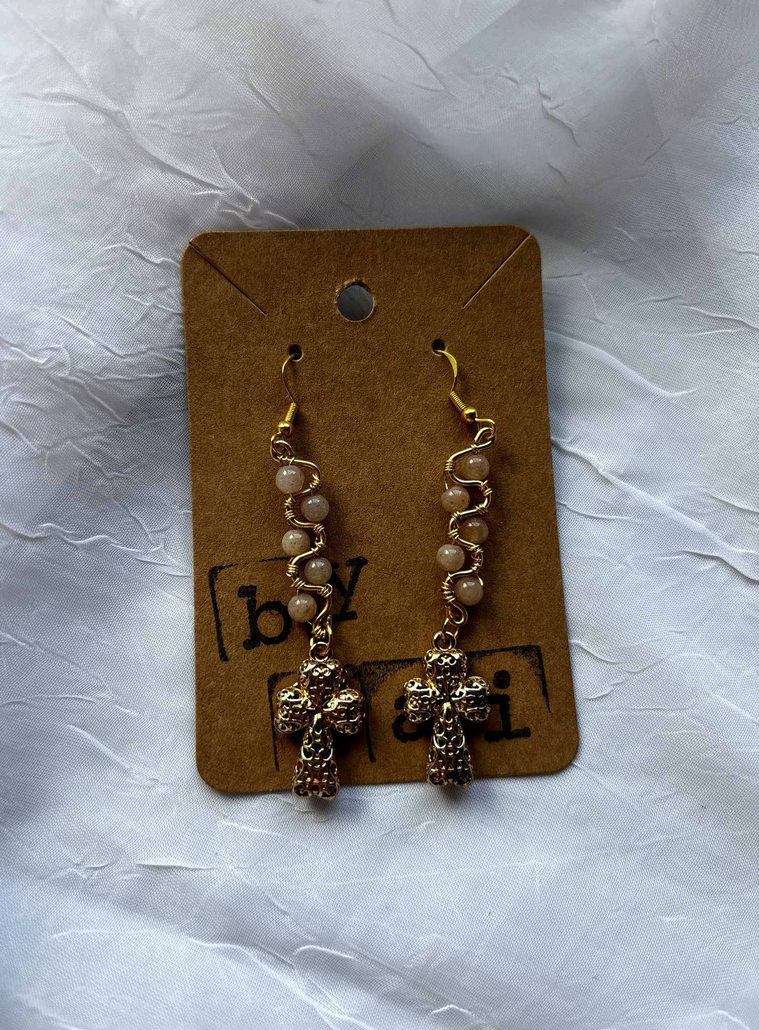 Handmade Gold Sunstone Cross Earrings